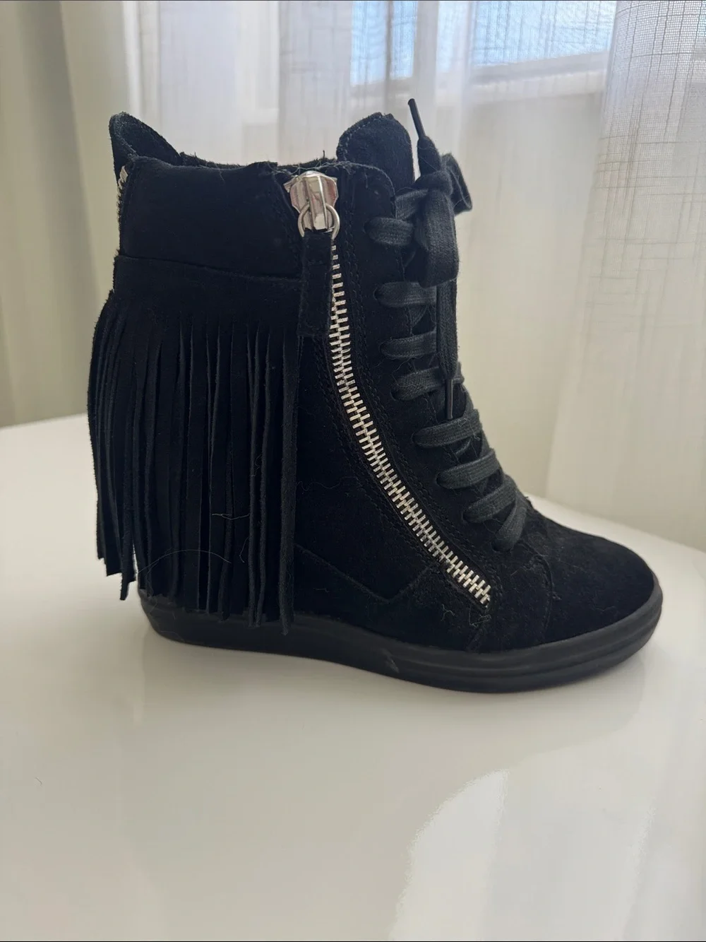 Steve Madden Black Suede Fringe Wedge booties